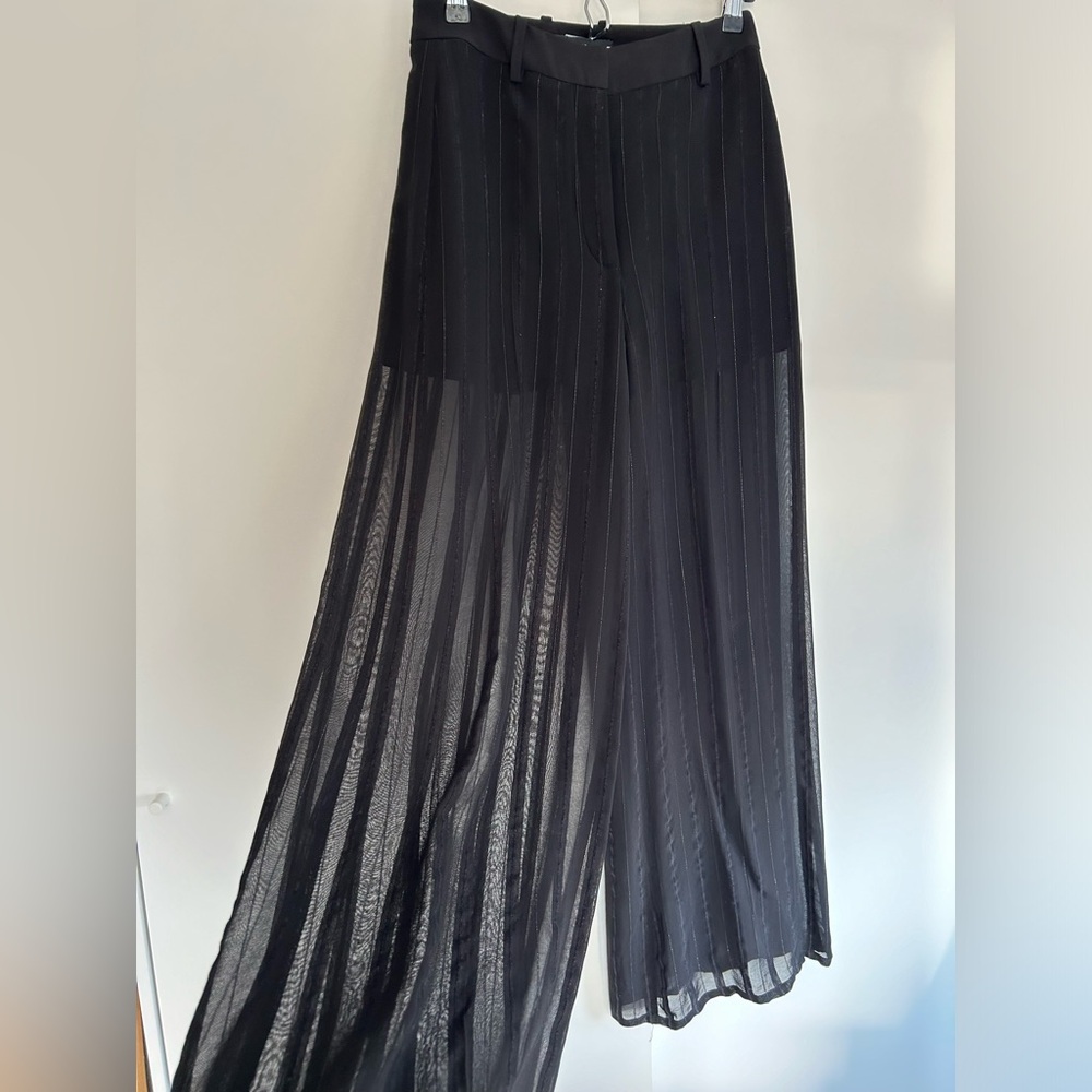 Mango Sheer Wide-Leg Pinstripe Black Trousers